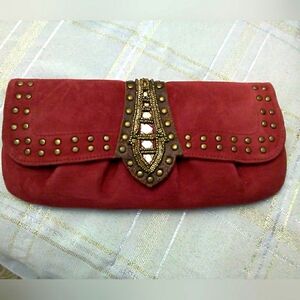 BNWOT BETSY JOHNSON SUEDE CLUTCH RED & BROWN W/ BRASS STUDS MIRROR & BEADS
